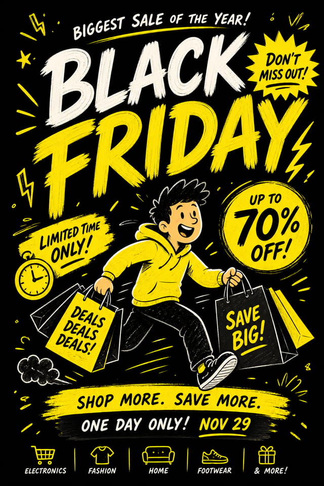 Black Friday Poster — illustration style poster, featuring bold black background, neon yellow accents, sale imagery, urgency typography