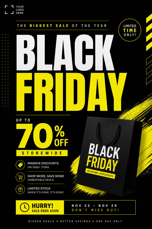 Black Friday Poster — modern style poster, featuring bold black background, neon yellow accents, sale imagery, urgency typography