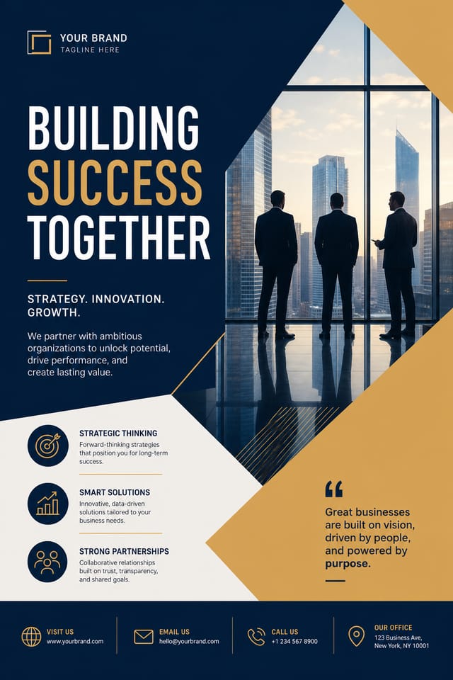 Business Poster — modern style poster, featuring professional office imagery, suit silhouettes, navy and gold palette