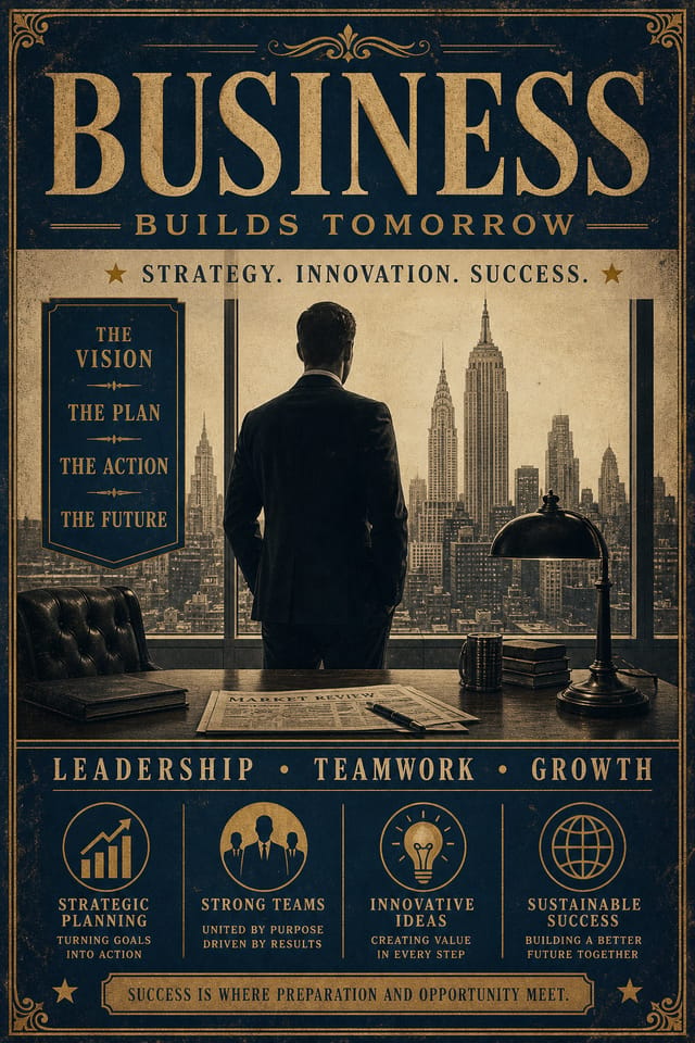 Business Poster — vintage style poster, featuring professional office imagery, suit silhouettes, navy and gold palette