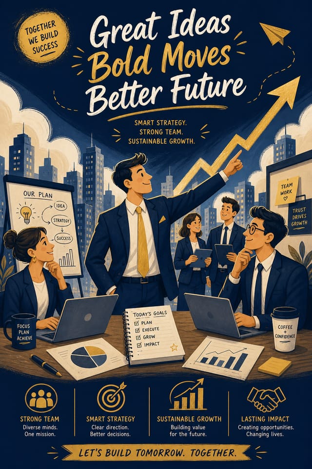 Business Poster — illustration style poster, featuring professional office imagery, suit silhouettes, navy and gold palette
