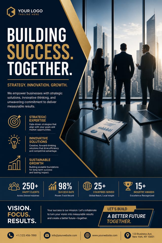 Business Poster — corporate style poster, featuring professional office imagery, suit silhouettes, navy and gold palette