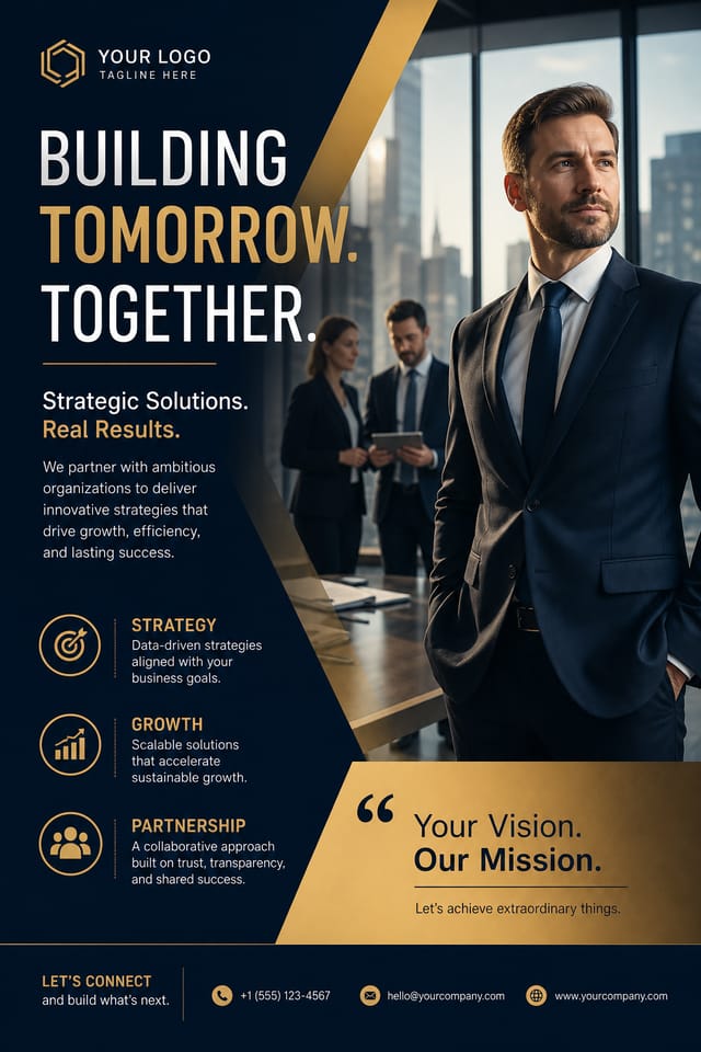 Business Poster — photo-realistic style poster, featuring professional office imagery, suit silhouettes, navy and gold palette