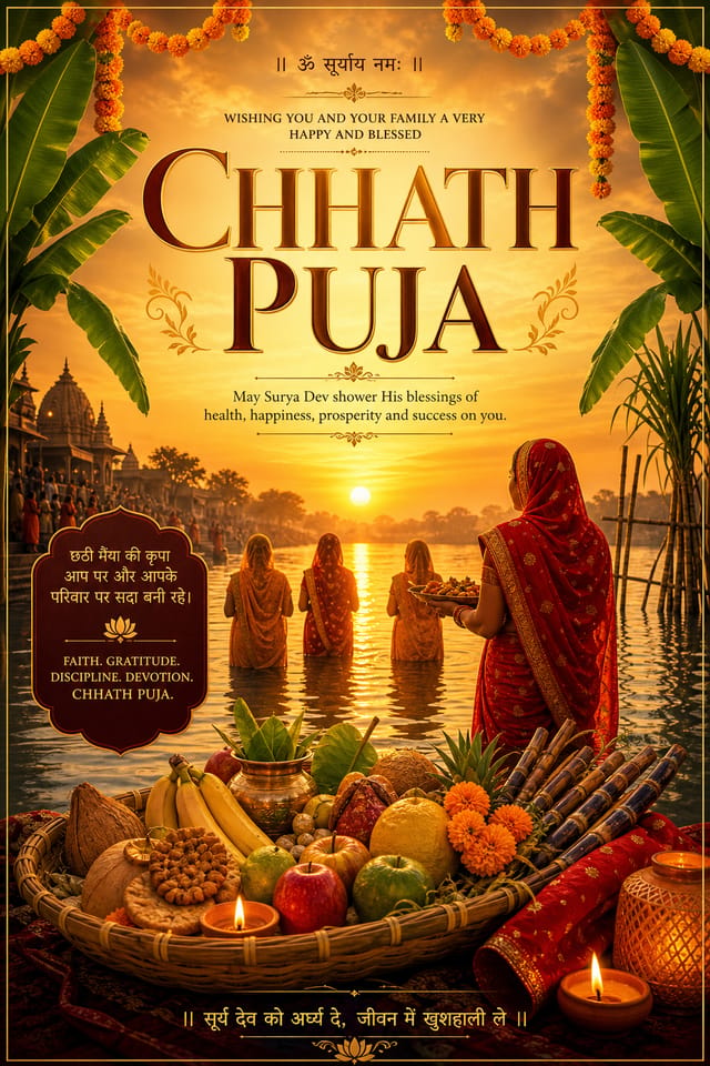 Chhath Puja Poster — elegant style poster, featuring rising sun, river setting, banana leaves, traditional offerings, sunrise gold tones
