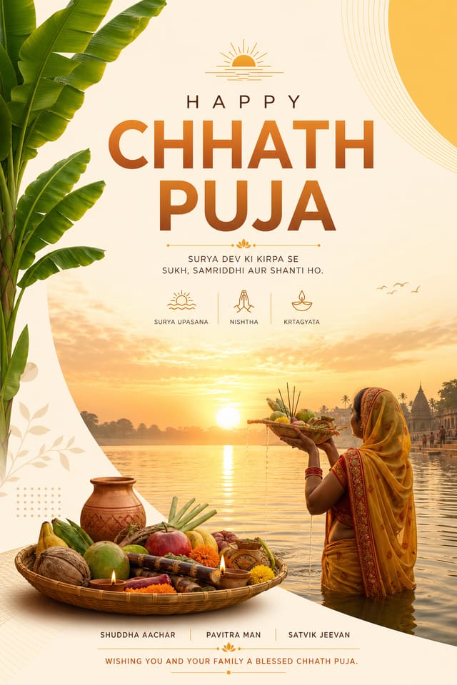 Chhath Puja Poster — modern style poster, featuring rising sun, river setting, banana leaves, traditional offerings, sunrise gold tones