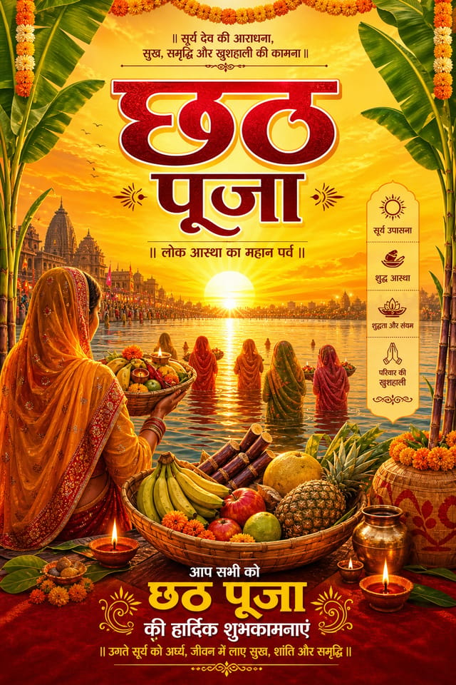 Chhath Puja Poster — vibrant style poster, featuring rising sun, river setting, banana leaves, traditional offerings, sunrise gold tones