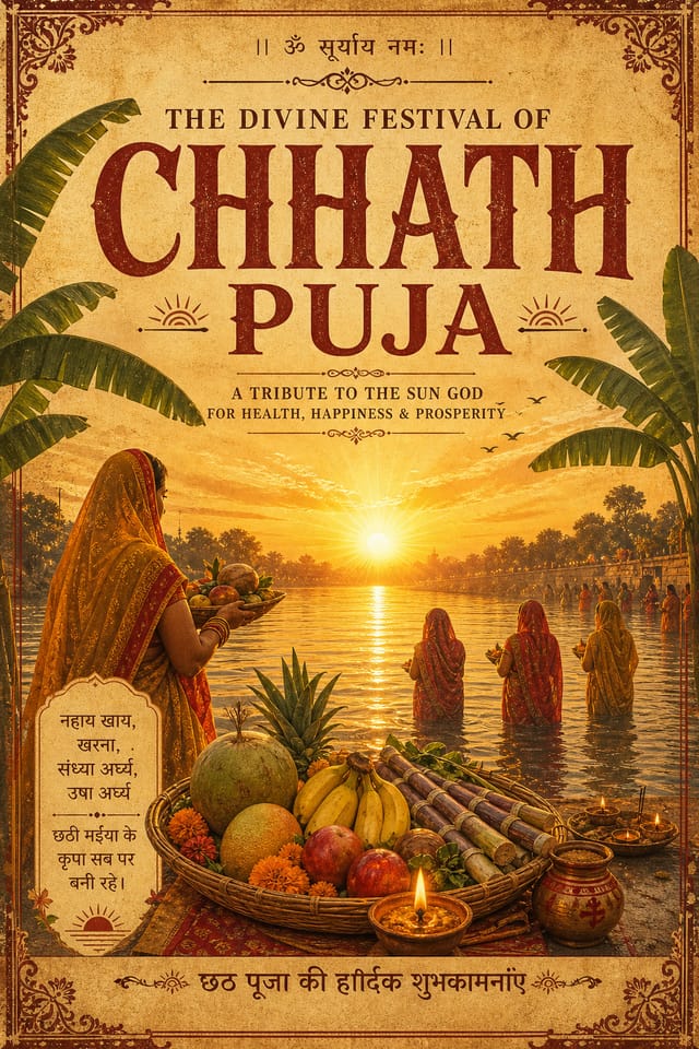 Chhath Puja Poster — vintage style poster, featuring rising sun, river setting, banana leaves, traditional offerings, sunrise gold tones
