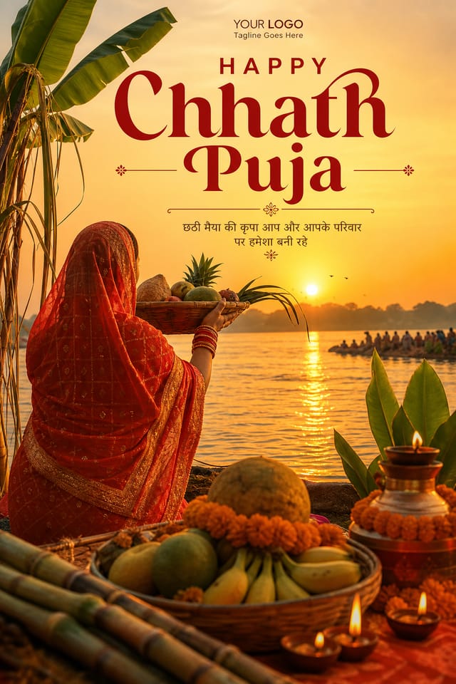 Chhath Puja Poster — photo-realistic style poster, featuring rising sun, river setting, banana leaves, traditional offerings, sunrise gold tones
