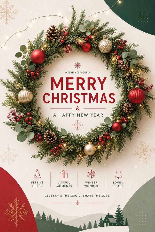Christmas Poster — modern style poster, featuring pine wreaths, ornaments, red and green palette, snowflakes, festive lights