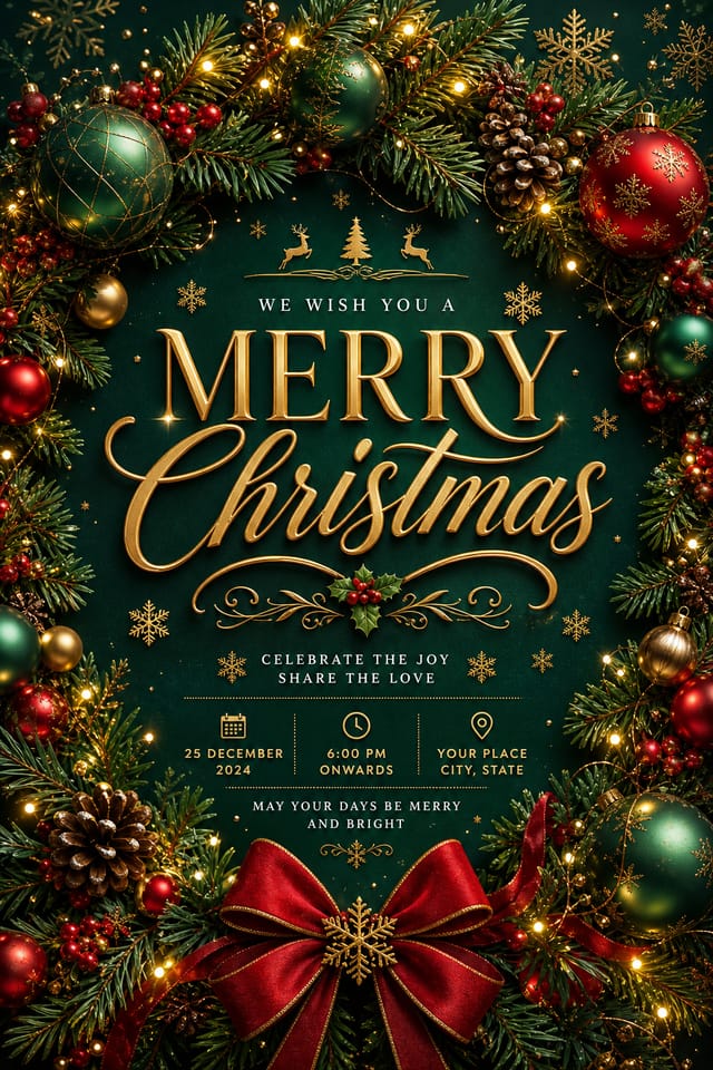 Christmas Poster — elegant style poster, featuring pine wreaths, ornaments, red and green palette, snowflakes, festive lights