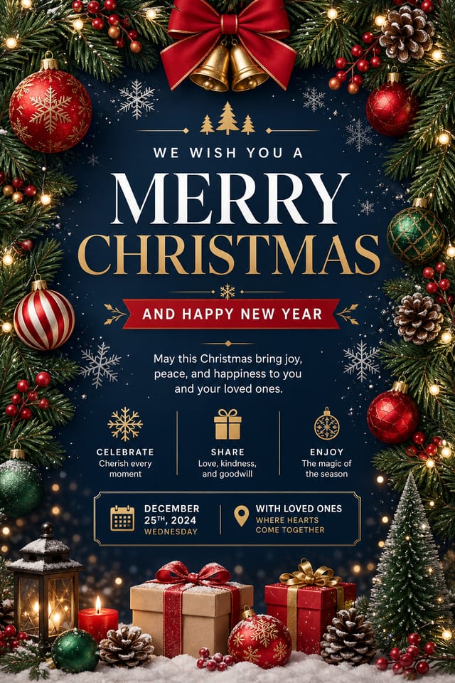Christmas Poster — corporate style poster, featuring pine wreaths, ornaments, red and green palette, snowflakes, festive lights