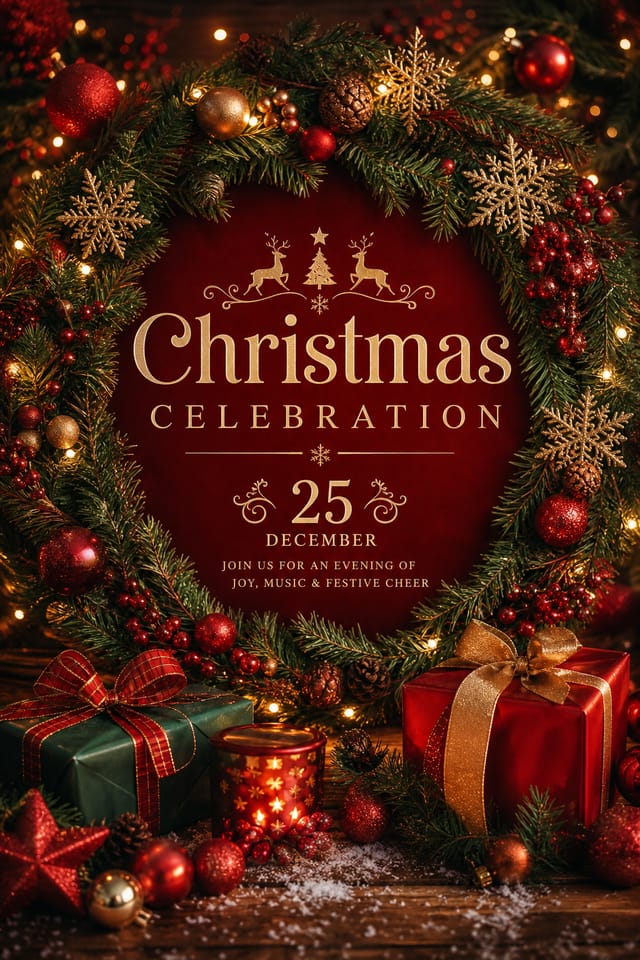Christmas Poster — photo-realistic style poster, featuring pine wreaths, ornaments, red and green palette, snowflakes, festive lights