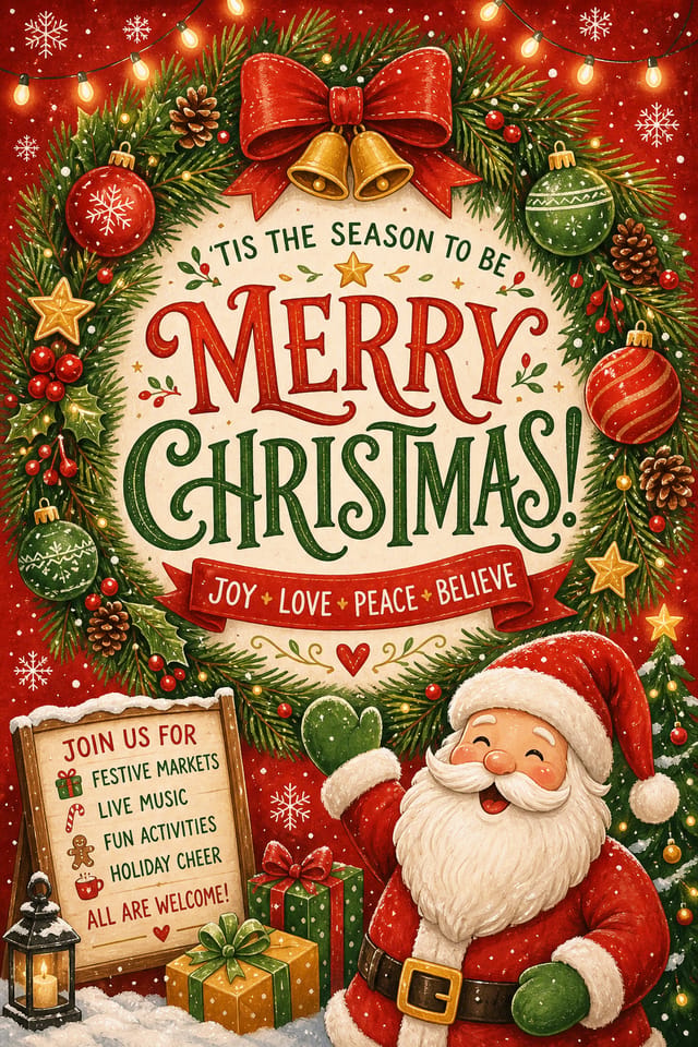 Christmas Poster — illustration style poster, featuring pine wreaths, ornaments, red and green palette, snowflakes, festive lights