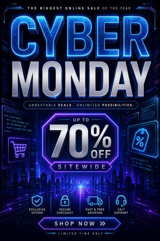 Cyber Monday Poster — elegant style poster, featuring digital tech imagery, neon blue/purple, code patterns, bold sale typography