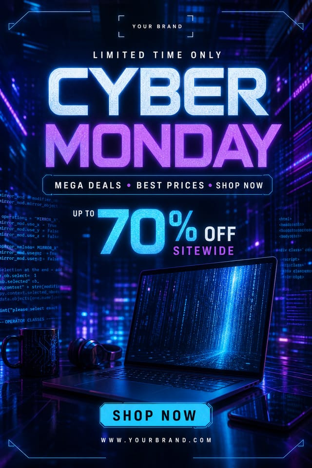 Cyber Monday Poster — photo-realistic style poster, featuring digital tech imagery, neon blue/purple, code patterns, bold sale typography