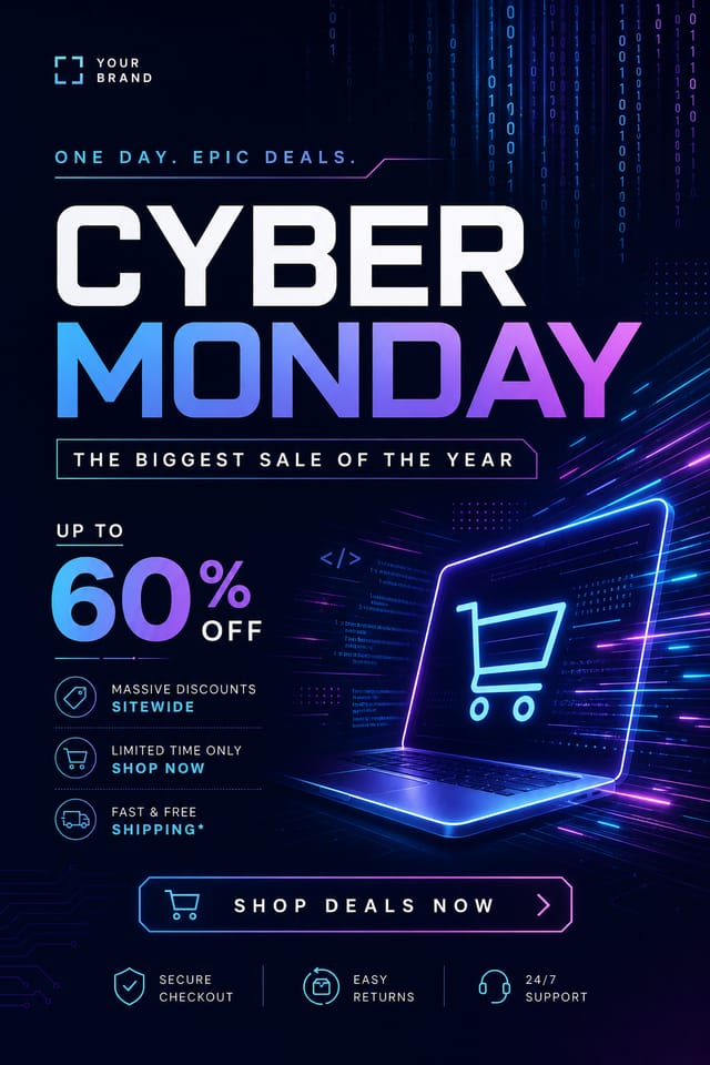 Cyber Monday Poster — modern style poster, featuring digital tech imagery, neon blue/purple, code patterns, bold sale typography