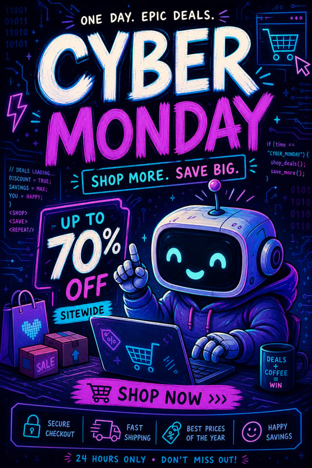 Cyber Monday Poster — illustration style poster, featuring digital tech imagery, neon blue/purple, code patterns, bold sale typography