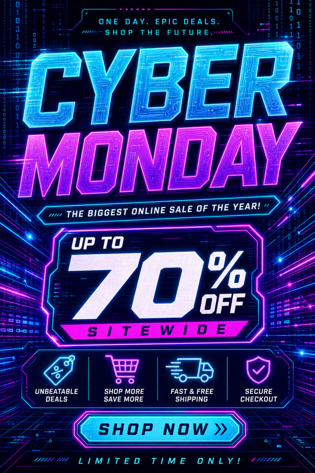 Cyber Monday Poster — vibrant style poster, featuring digital tech imagery, neon blue/purple, code patterns, bold sale typography