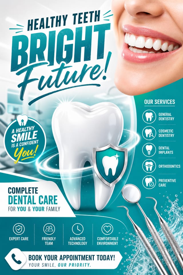Dentist Poster — vibrant style poster, featuring tooth icon, dental tools, clean white/teal palette, smile imagery