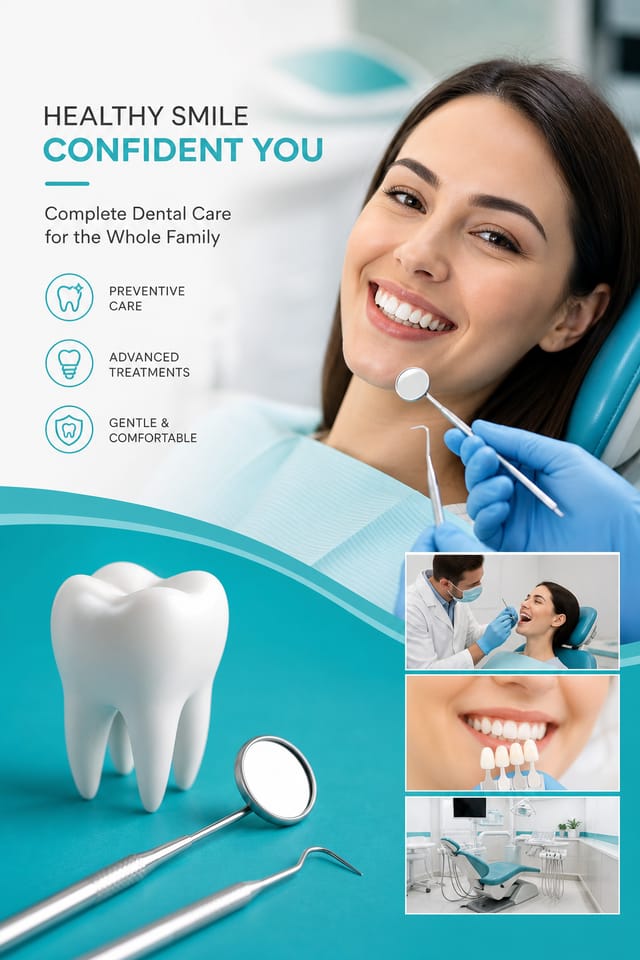 Dentist Poster — photo-realistic style poster, featuring tooth icon, dental tools, clean white/teal palette, smile imagery