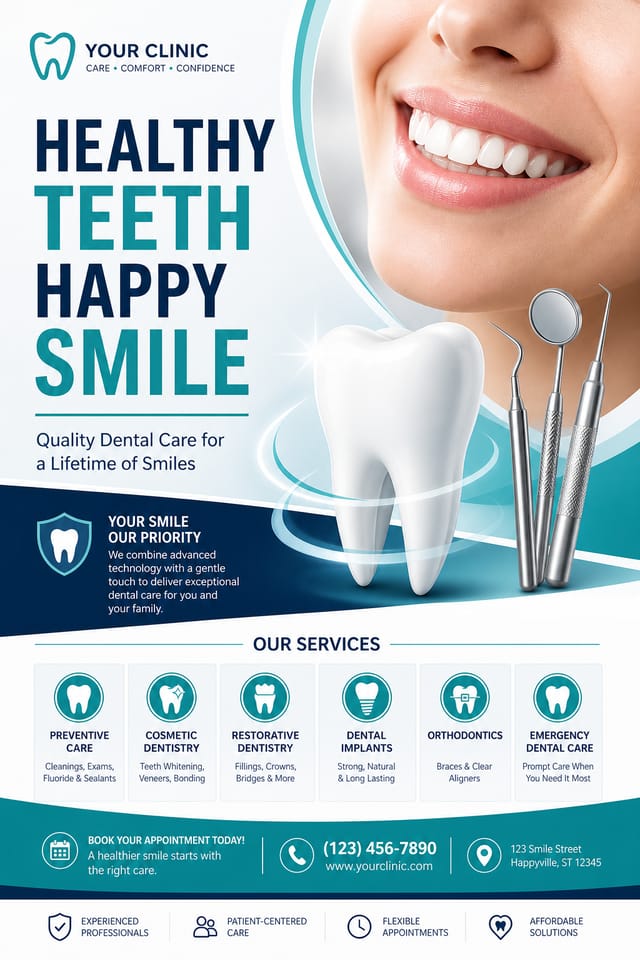 Dentist Poster — corporate style poster, featuring tooth icon, dental tools, clean white/teal palette, smile imagery