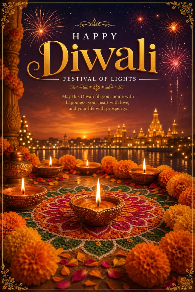 Diwali Poster — photo-realistic style poster, featuring glowing diya lamps, marigold flowers, rangoli patterns, golden-orange palette, fireworks