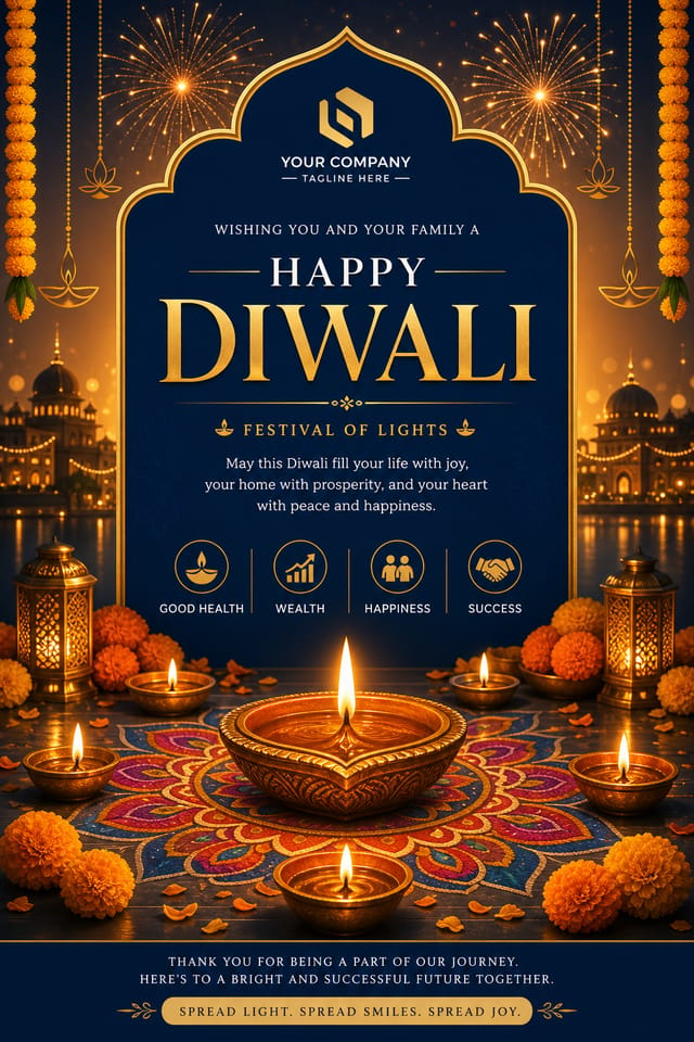 Diwali Poster — corporate style poster, featuring glowing diya lamps, marigold flowers, rangoli patterns, golden-orange palette, fireworks