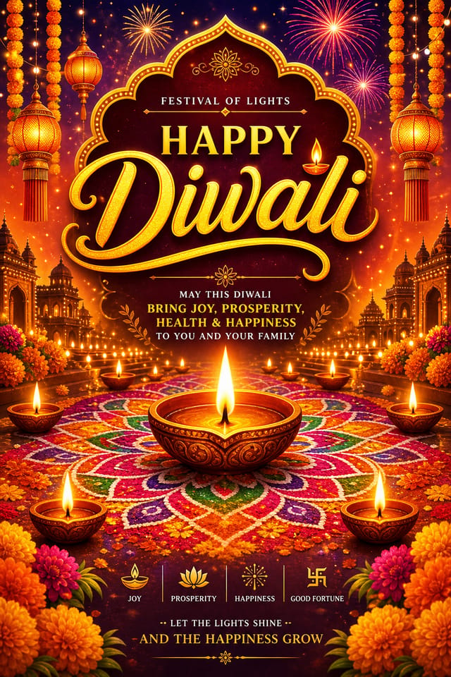 Diwali Poster — vibrant style poster, featuring glowing diya lamps, marigold flowers, rangoli patterns, golden-orange palette, fireworks