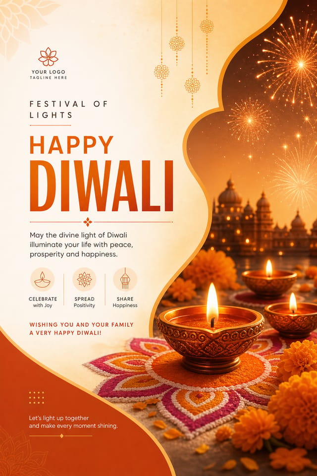 Diwali Poster — modern style poster, featuring glowing diya lamps, marigold flowers, rangoli patterns, golden-orange palette, fireworks