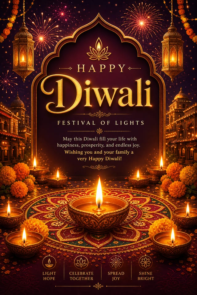 Diwali Poster — elegant style poster, featuring glowing diya lamps, marigold flowers, rangoli patterns, golden-orange palette, fireworks