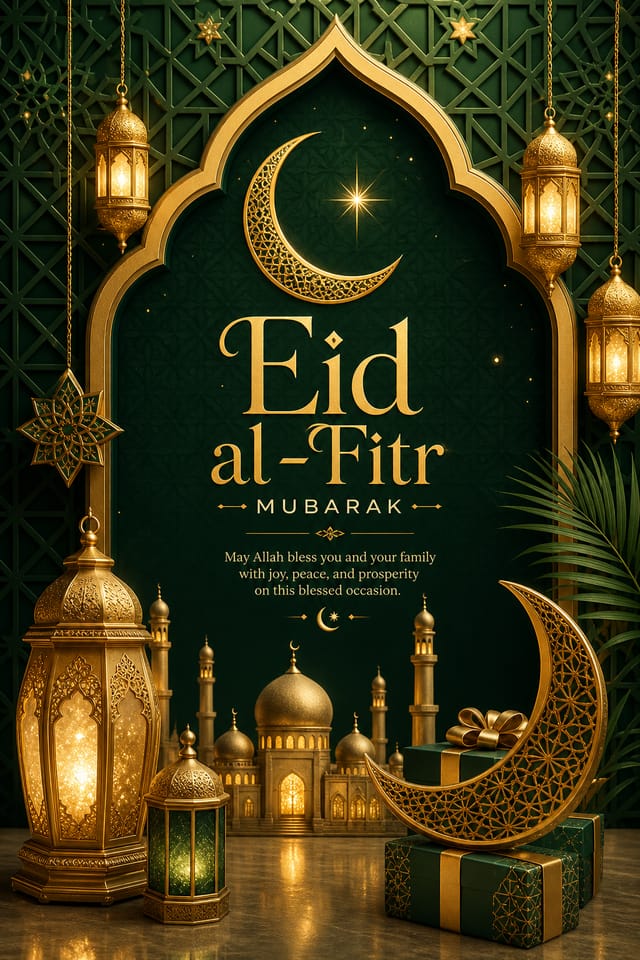 Eid al — elegant style poster, featuring crescent moon, lanterns, gold and green palette, Islamic geometric patterns, festive ornaments