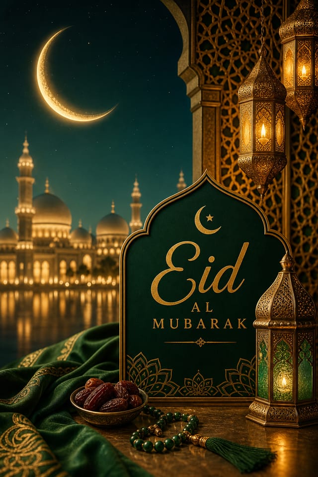 Eid al — photo-realistic style poster, featuring crescent moon, lanterns, gold and green palette, Islamic geometric patterns, festive ornaments