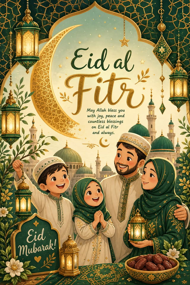Eid al — illustration style poster, featuring crescent moon, lanterns, gold and green palette, Islamic geometric patterns, festive ornaments