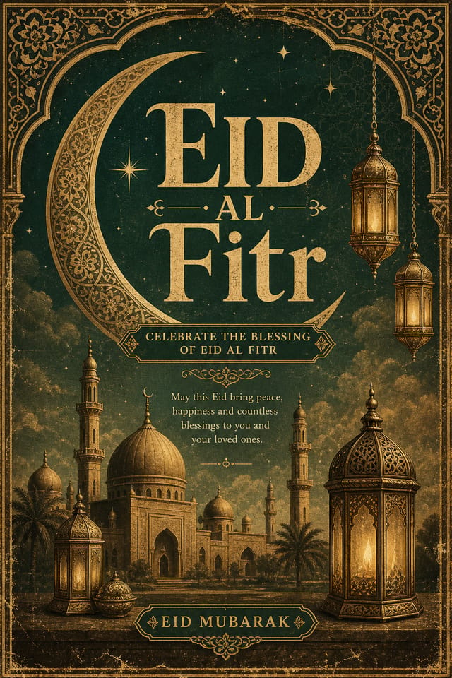 Eid al — vintage style poster, featuring crescent moon, lanterns, gold and green palette, Islamic geometric patterns, festive ornaments