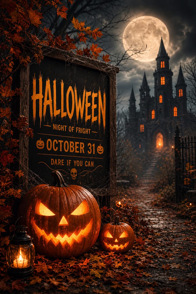 Halloween Poster — photo-realistic style poster, featuring pumpkins, autumn leaves, orange and black palette, spooky silhouettes
