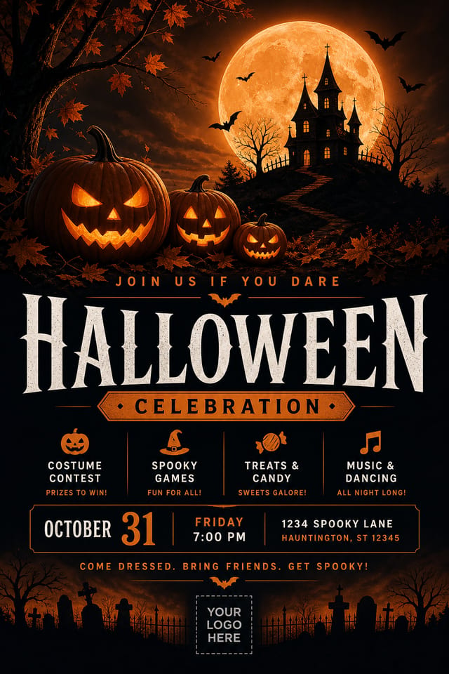 Halloween Poster — corporate style poster, featuring pumpkins, autumn leaves, orange and black palette, spooky silhouettes