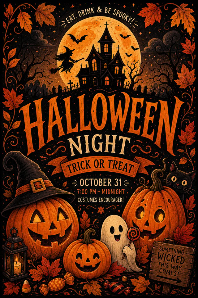 Halloween Poster — illustration style poster, featuring pumpkins, autumn leaves, orange and black palette, spooky silhouettes
