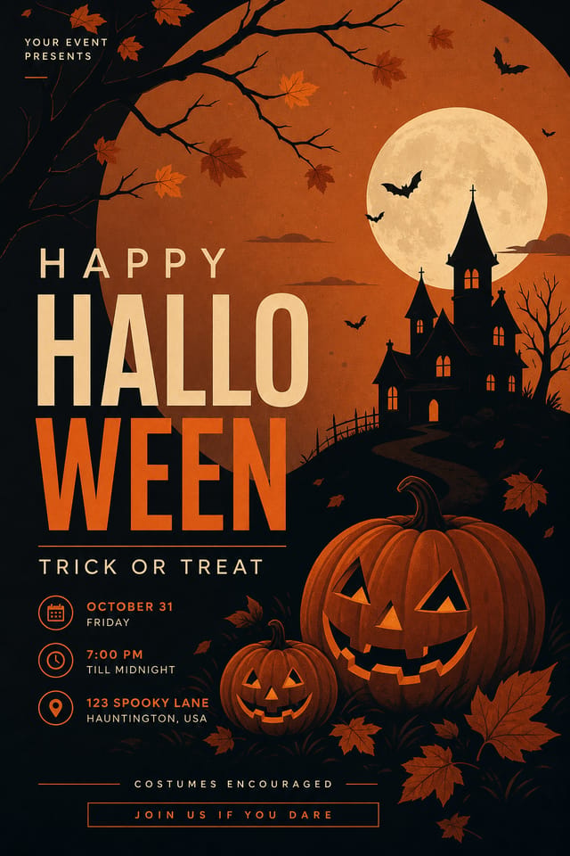 Halloween Poster — modern style poster, featuring pumpkins, autumn leaves, orange and black palette, spooky silhouettes