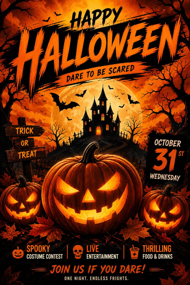 Halloween Poster — vibrant style poster, featuring pumpkins, autumn leaves, orange and black palette, spooky silhouettes