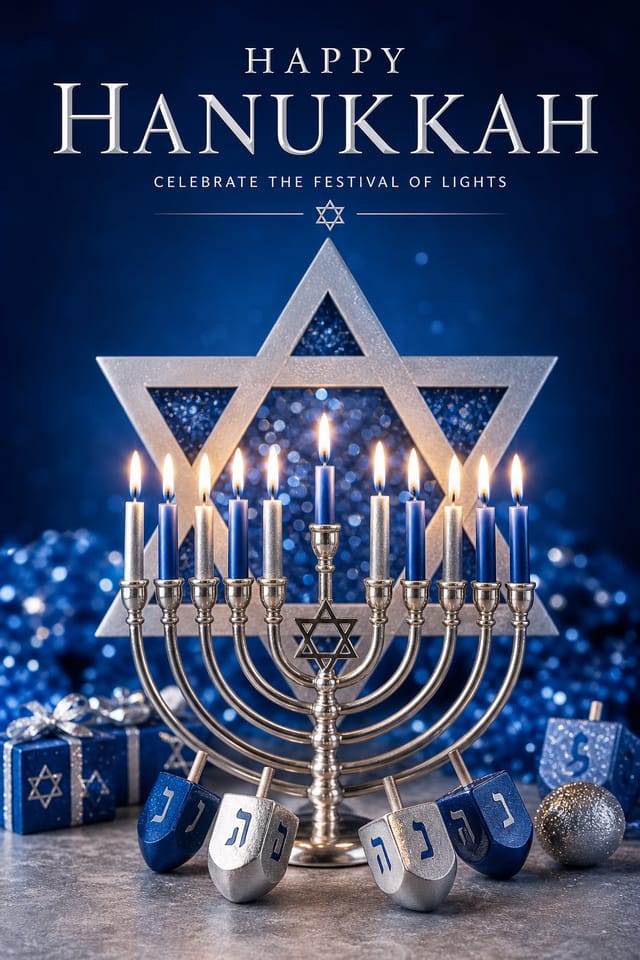 Hanukkah Poster — photo-realistic style poster, featuring menorah candles, Star of David, blue and silver palette, dreidels