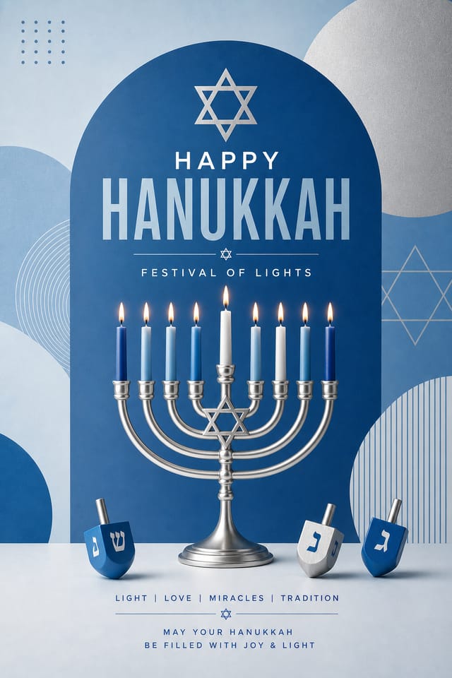 Hanukkah Poster — modern style poster, featuring menorah candles, Star of David, blue and silver palette, dreidels