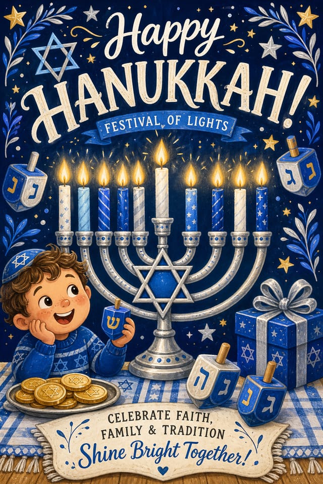 Hanukkah Poster — illustration style poster, featuring menorah candles, Star of David, blue and silver palette, dreidels