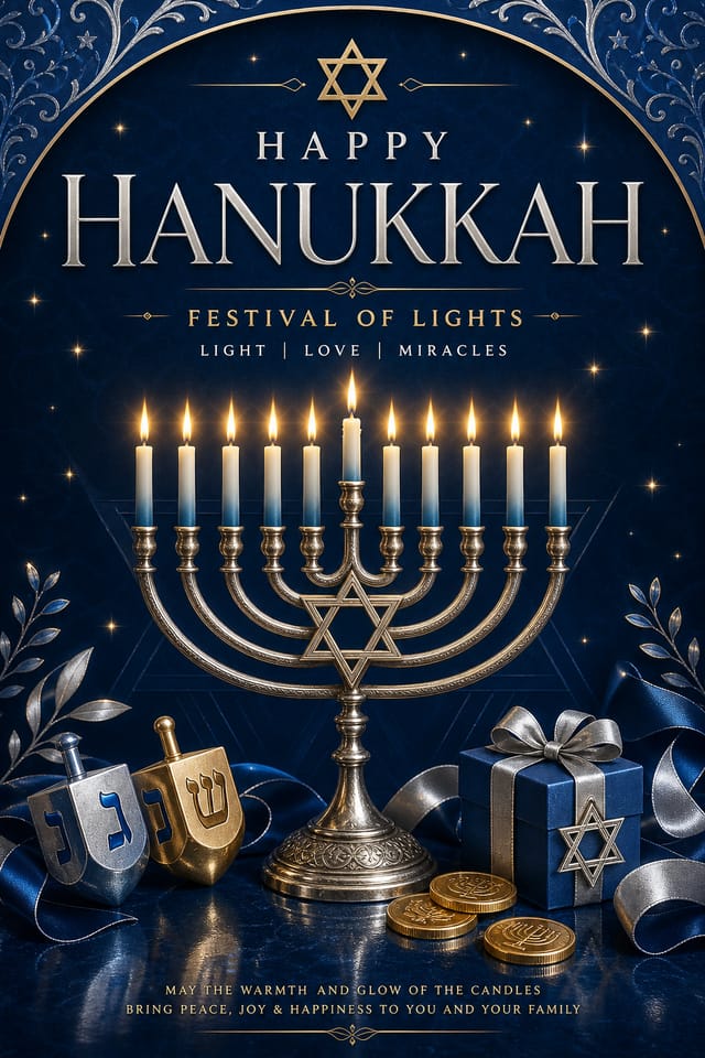 Hanukkah Poster — elegant style poster, featuring menorah candles, Star of David, blue and silver palette, dreidels