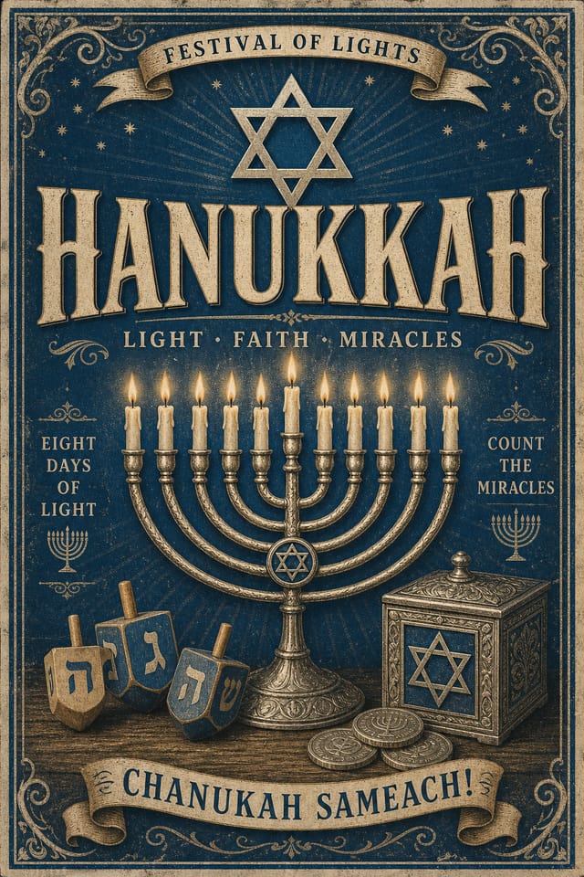 Hanukkah Poster — vintage style poster, featuring menorah candles, Star of David, blue and silver palette, dreidels