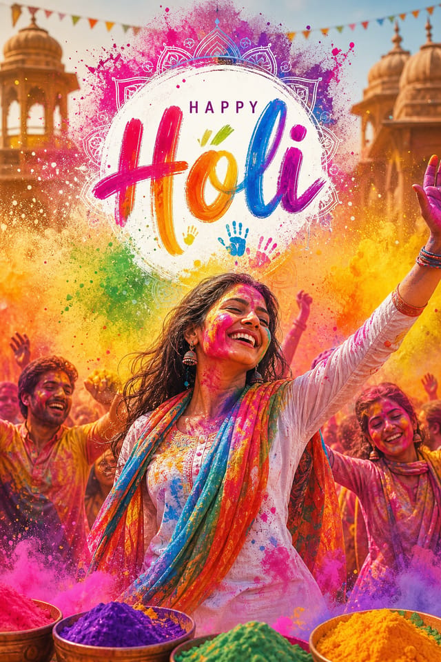 Holi Poster — photo-realistic style poster, featuring vibrant color powder splashes, joyful imagery, rainbow palette, traditional Indian motifs