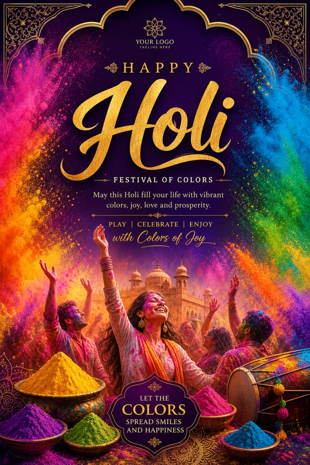 Holi Poster — elegant style poster, featuring vibrant color powder splashes, joyful imagery, rainbow palette, traditional Indian motifs