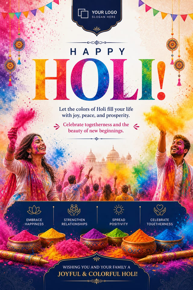 Holi Poster — corporate style poster, featuring vibrant color powder splashes, joyful imagery, rainbow palette, traditional Indian motifs