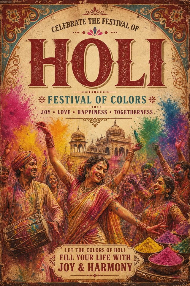 Holi Poster — vintage style poster, featuring vibrant color powder splashes, joyful imagery, rainbow palette, traditional Indian motifs