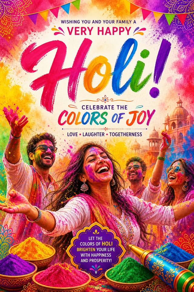 Holi Poster — vibrant style poster, featuring vibrant color powder splashes, joyful imagery, rainbow palette, traditional Indian motifs