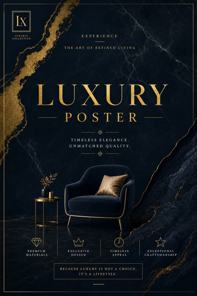 Luxury Poster — corporate style poster, featuring gold foil, marble texture, minimal premium aesthetic, deep navy or black